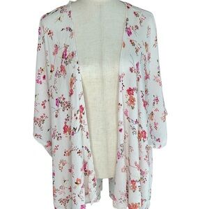 Emory Park White Floral Lightweight Cardigan Boho Chic Kimono Size L